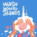 Pair of hands washing using soap and bubbles.Handwashing coronavirus concept. Clean arm in foam. Vector flat cartoon illustration