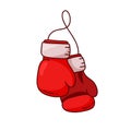 Pair of hanging red boxing gloves on string. Color doodle icon. Hand drawn simple illustration of attribute for sport. Linear Royalty Free Stock Photo