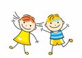 Pair, happy jumping kids, girl and boy, vector picture, eps.