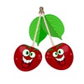 Pair of happy smiling cherries isolated on white background. Cute comic couple red cherry with green leaves.