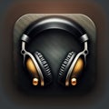 a pair of headphones with a black background and gold accents on the earphones are shown in the center of the square