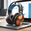 A pair of headphones is inserted into the laptop screen and has a design that combines realism with digital elements