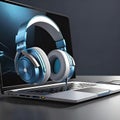 A pair of headphones is inserted into the laptop screen and has a design that combines realism with digital elements
