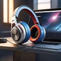 A pair of headphones is inserted into the laptop screen and has a design that combines realism with digital elements