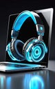 A pair of headphones is inserted into the laptop screen and has a design that combines realism with digital elements