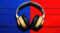A pair of headphones on a red and blue background, AI Royalty Free Stock Photo
