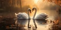 A pair of heart-shaped white swans swimming in the lake, photo for Valentine's Day. Generative AI Royalty Free Stock Photo