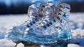 a pair of heavy snow ice boots on white snow background