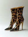 Pair of high heel ankle boots with giraffe print.