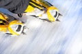 Pair of high mountain boots with crampons in the snow. Royalty Free Stock Photo