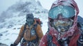 A pair of hikers their features obscured by goggles and hoods check their supplies and assess their situation as they