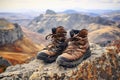 pair of hiking boots on a cliff edge overlooking mountains