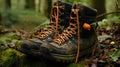 A pair of hiking boots with laces tied to them in the forest. Generative AI image.
