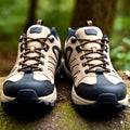 Pair of hiking shoes in the forest. Generative AI