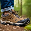 Pair of hiking shoes in the forest. Generative AI