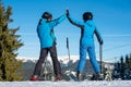 Pair holding hands standing with skis on mountain top