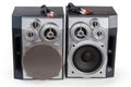 Pair of home three-way loudspeaker systems and audio cables Royalty Free Stock Photo