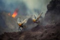 A pair of Hondooras take flight against a backdrop of a smoldering volcano.. AI generation