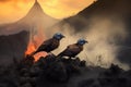 A pair of Hondooras take flight against a backdrop of a smoldering volcano.. AI generation