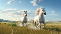 A pair of horses galloping freely through an open field Royalty Free Stock Photo