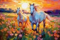 A pair of horses in love run towards the sun across a colorful field of flowers. Oil painting in the style of impressionism. Royalty Free Stock Photo