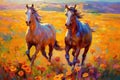 A pair of horses in love run towards the sun across a colorful field of flowers. Oil painting in the style of impressionism. Royalty Free Stock Photo