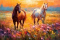 A pair of horses in love run towards the sun across a colorful field of flowers. Oil painting in the style of impressionism. Royalty Free Stock Photo