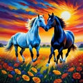 pair of horses in love run towards the sun across colorful field of Oil Royalty Free Stock Photo