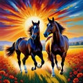 pair of horses in love run towards the sun across colorful field of Oil Royalty Free Stock Photo