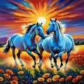 pair of horses in love run towards the sun across colorful field of Oil Royalty Free Stock Photo