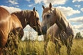 a pair of horses nuzzling each other in a sunny pasture Royalty Free Stock Photo