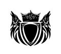 Pair of howling wolf heads with heraldic shield and royal crown black and white vector heraldic design Royalty Free Stock Photo