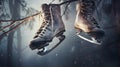 A pair of ice skates hanging from a tree branch against a generative AI