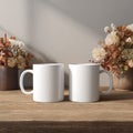 Two Blank White Mugs Mockup with Rustic Autumnal Floral Decor Royalty Free Stock Photo