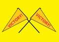 A pair of identical crossing golden yellow triangular flags with the word victory bright yellow backdrop