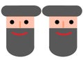 A pair of identical mirror image of a bearded smiling male face white backdrop