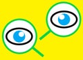 A pair of identical mirror image magnifying glass over an eye with blue iris pupil bright yellow backdrop