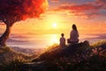 Pair of Individuals Seated on Hilltop, Enjoying the View, An optimistic sunrise scenery with a mother and her child sitting and