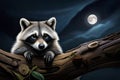 A pair of inquisitive raccoons exploring a moonlit forest, their eyes gleaming in the darkness Royalty Free Stock Photo