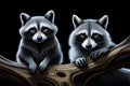 A pair of inquisitive raccoons exploring a moonlit forest, their eyes gleaming in the darkness Royalty Free Stock Photo