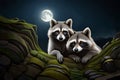 A pair of inquisitive raccoons exploring a moonlit forest, their eyes gleaming in the darkness Royalty Free Stock Photo