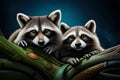 A pair of inquisitive raccoons exploring a moonlit forest, their eyes gleaming in the darkness Royalty Free Stock Photo