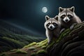 A pair of inquisitive raccoons exploring a moonlit woodland, their eyes gleaming in the darkness Royalty Free Stock Photo