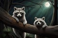 A pair of inquisitive raccoons exploring a moonlit woodland, their eyes gleaming in the darkness Royalty Free Stock Photo