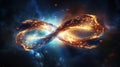 a pair of intertwined fire and water rings in the middle of space