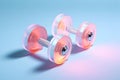 Pair of iridescent dumbbells on light blue background. Women sport equipment. Rubber fitness weights for home training. Home Royalty Free Stock Photo