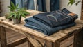 A pair of jeans made from organic hemp displayed on a rustic table highlighting their durability and ecofriendliness.. Royalty Free Stock Photo