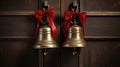 A pair of jingle bells hanging from a doorknob