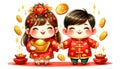 A pair of joyful children, a boy and a girl, are depicted in traditional red Chinese outfits, holding golden ingots and surrounded Royalty Free Stock Photo
