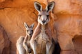 A pair of kangaroos standing side by side in their natural habitat, A kangaroo with a joey inside her pouch in the Australian